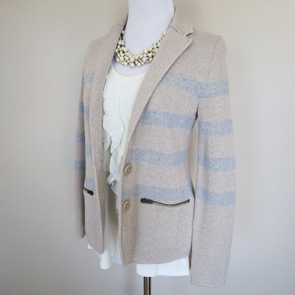 TALBOTS Size Small Petite Tan Beige Gray Stripe Blazer Cardigan Sweater - Picture 1 of 11